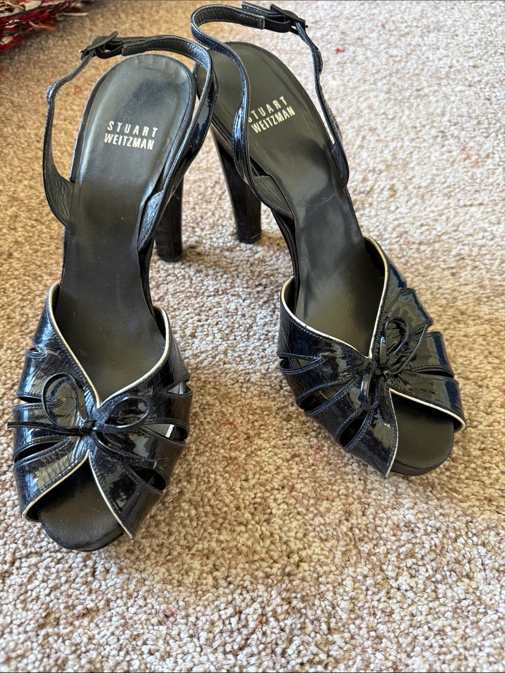 Stuart Weitzman Black Patent Leather Bow Peep-Toe Slingback Heels